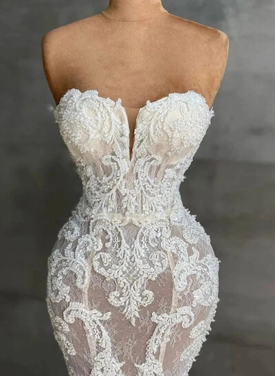 Elegant Sweetheart Sleeveless Mermaid Sweep Train Lace/Tulle Wedding Dresses