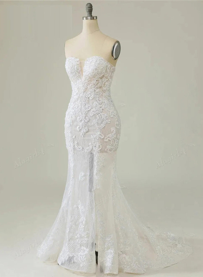Elegant Sweetheart Sleeveless Mermaid Sweep Train Lace/Tulle Wedding Dresses
