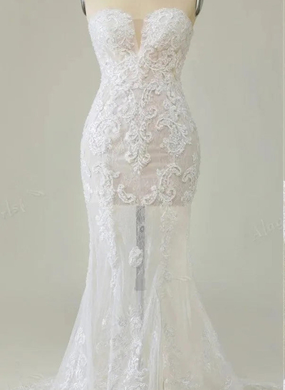 Elegant Sweetheart Sleeveless Mermaid Sweep Train Lace/Tulle Wedding Dresses