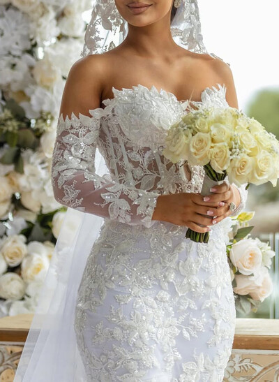Elegant Off-The-Shoulder Long Sleeves Royal Length Mermaid Lace/Tulle Wedding Dresses With Sequins