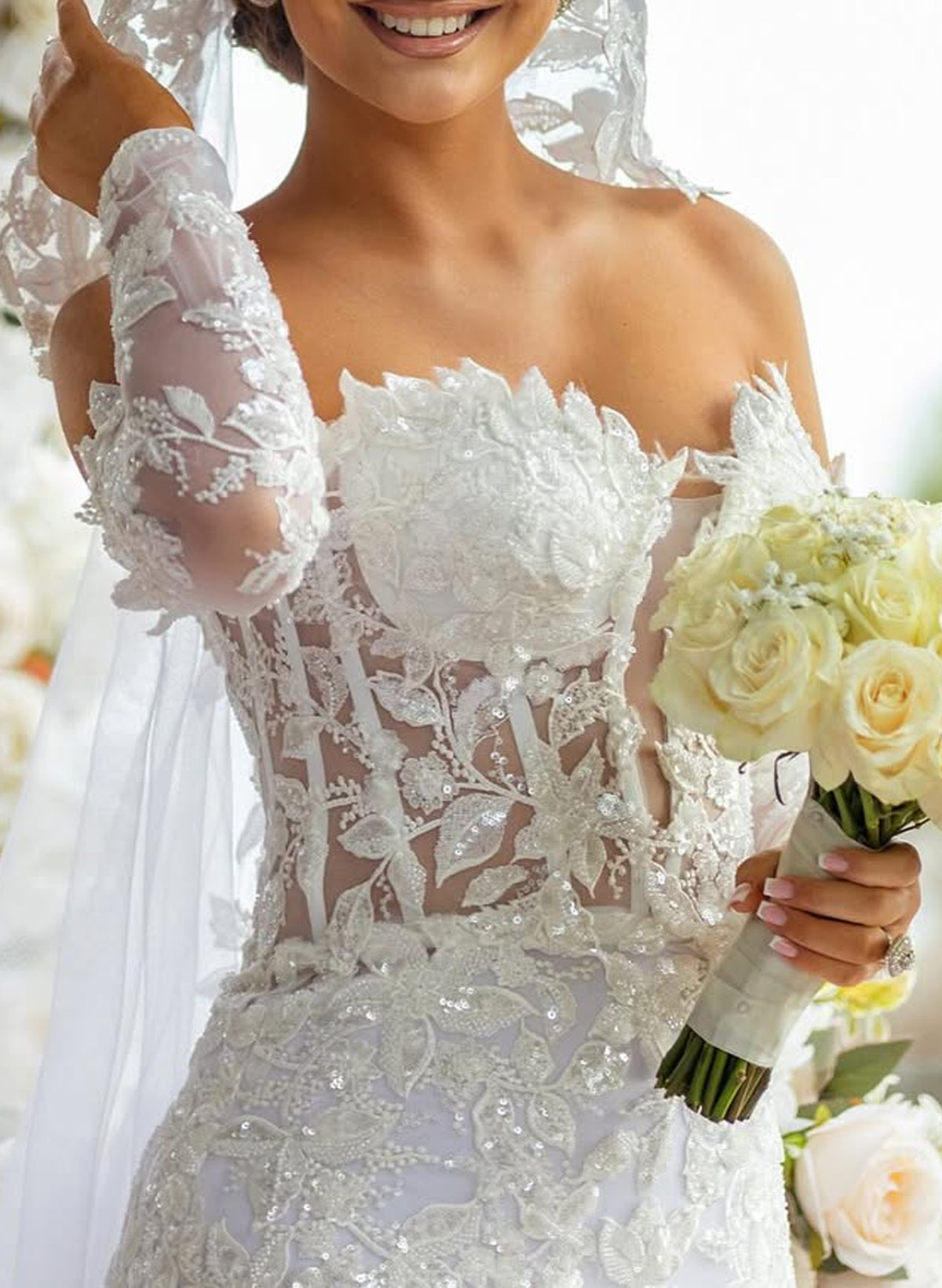 Elegant Off-The-Shoulder Long Sleeves Royal Length Mermaid Lace/Tulle Wedding Dresses With Sequins