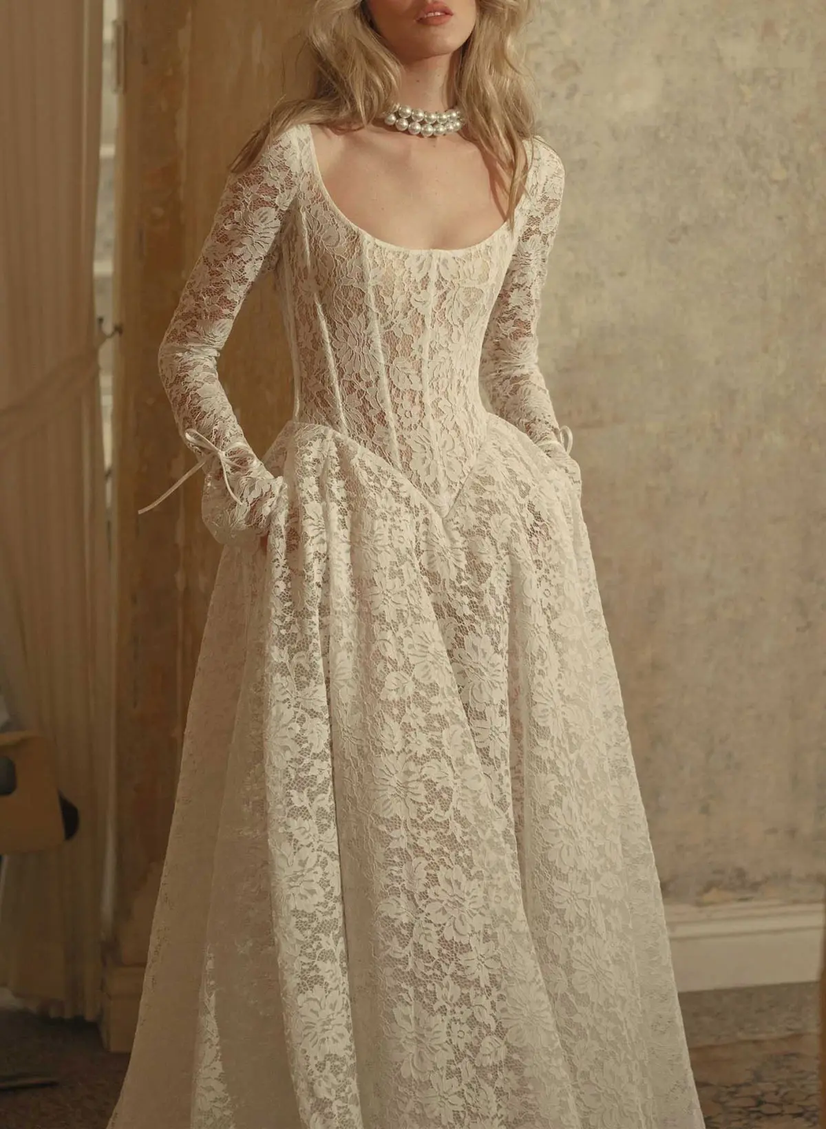 Elegant Cowl Neck Bow(s) Long Sleeves A-Line Court Train Lace Wedding  Dresses - Missacc