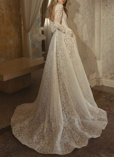 Elegant Cowl Neck Bow(s) Long Sleeves A-Line Court Train Lace Wedding Dresses