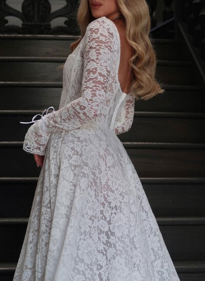 Elegant Cowl Neck Bow(s) Long Sleeves A-Line Court Train Lace Wedding Dresses