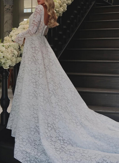 Elegant Cowl Neck Bow(s) Long Sleeves A-Line Court Train Lace Wedding Dresses