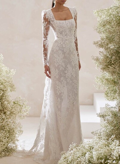 Elegant Square Neckline Long Sleeves Detachable Length Lace Wedding Dresses With Back Hole