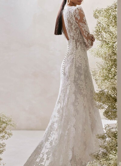 Elegant Square Neckline Long Sleeves Detachable Length Lace Wedding Dresses With Back Hole
