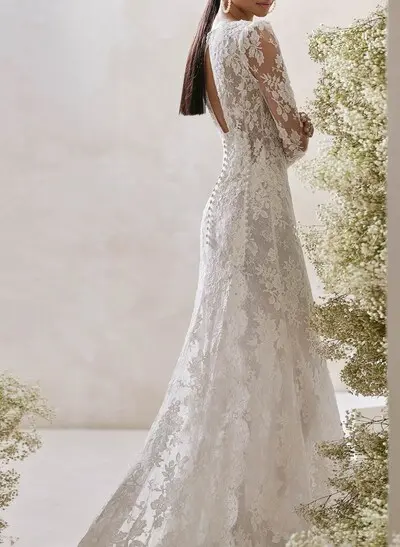 Sheath/Column Square Neckline Long Sleeves Detachable Lace Wedding Dresses With Back Hole