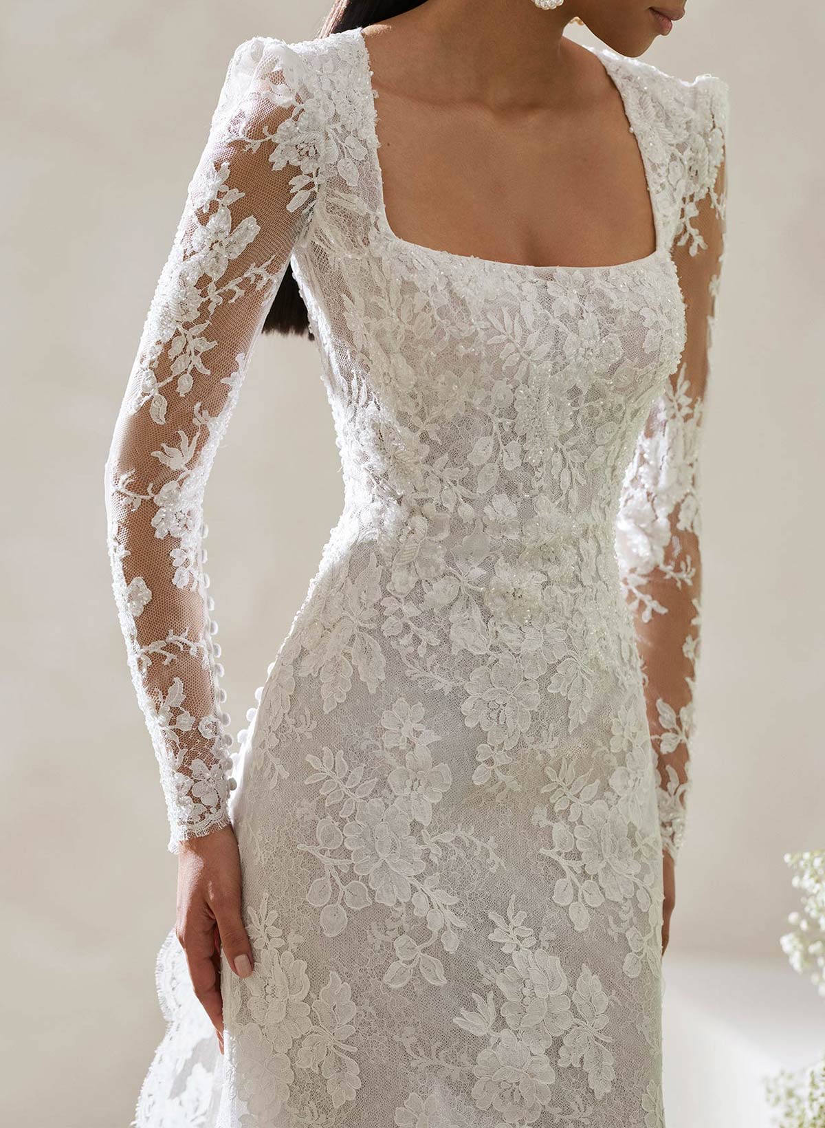 Elegant Square Neckline Long Sleeves Detachable Length Lace Wedding Dresses With Back Hole