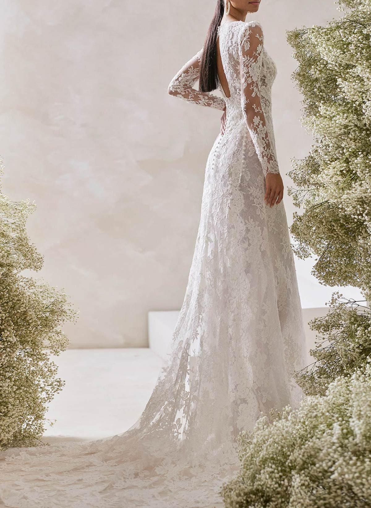 Sheath/Column Square Neck Long Sleeve Tops Detachable Non-Stretch Lace Wedding Dresses With Back Hole