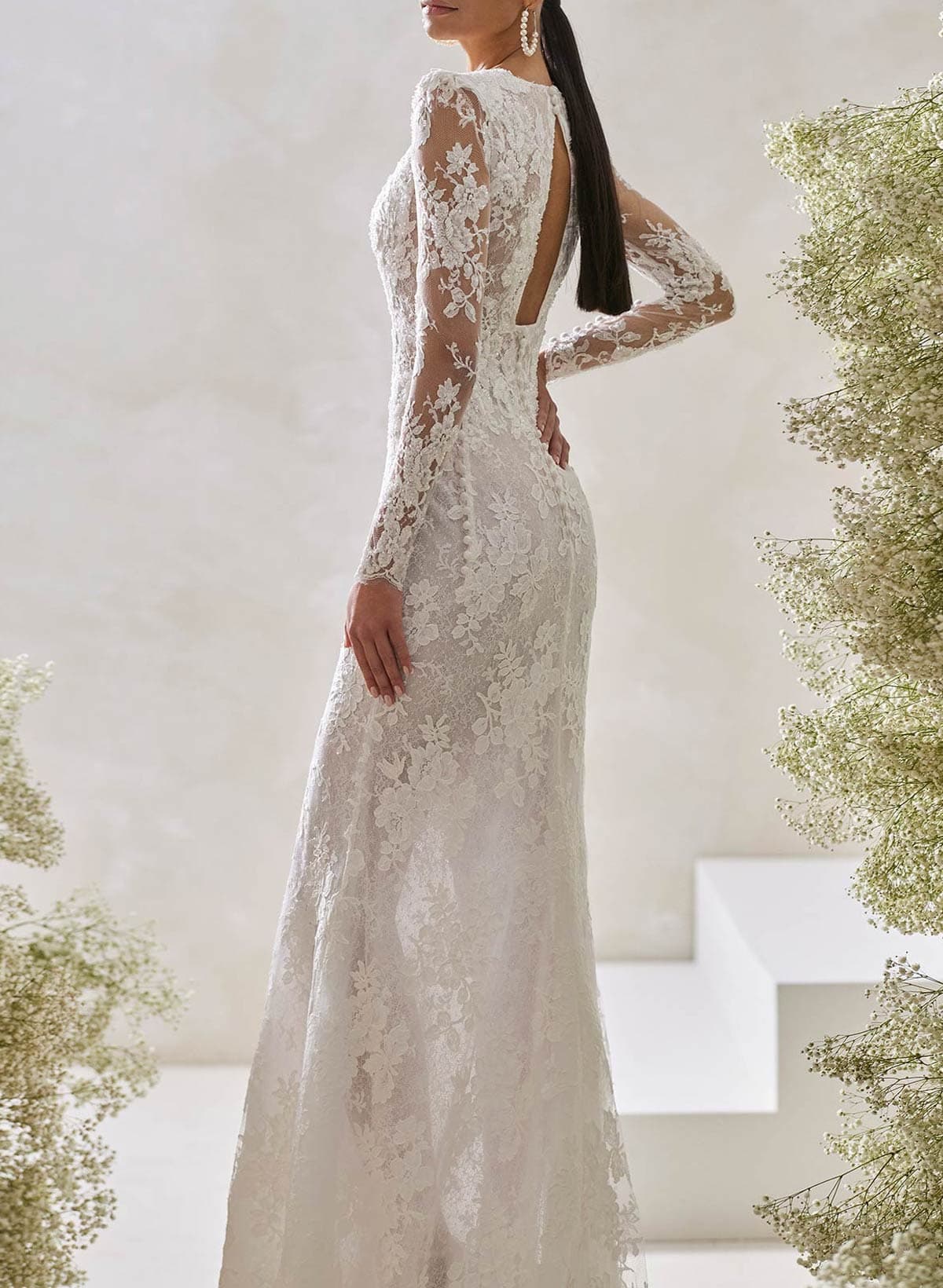 Sheath/Column Square Neck Long Sleeve Tops Detachable Non-Stretch Lace Wedding Dresses With Back Hole