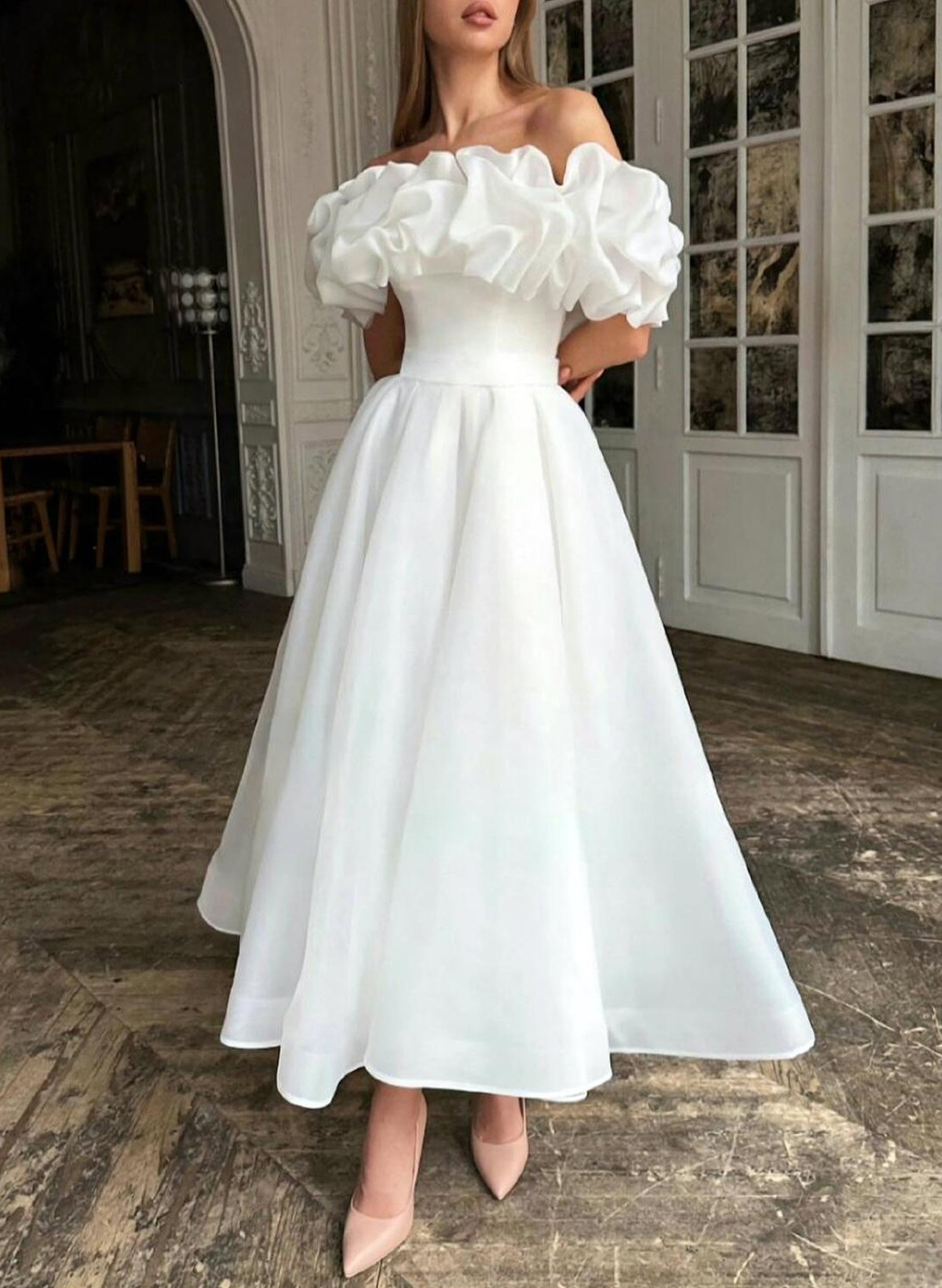 Elegant Ruffle Off-The-Shoulder Sleeveless A-Line Ankle-Length Tulle Wedding Dresses