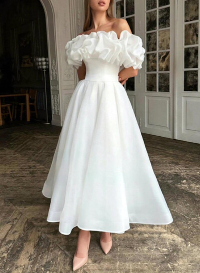 Elegant Ruffle Off-The-Shoulder Sleeveless A-Line Ankle-Length Tulle Wedding Dresses