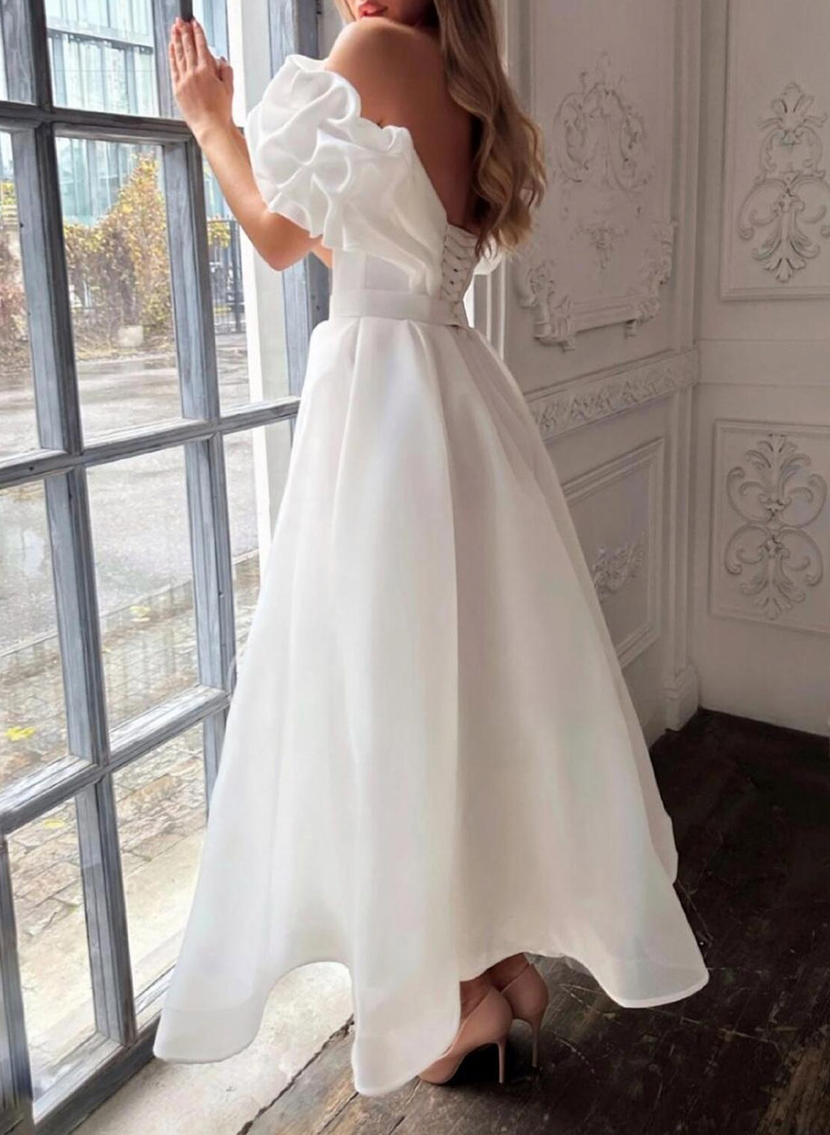 Elegant Ruffle Off-The-Shoulder Sleeveless A-Line Ankle-Length Tulle Wedding Dresses