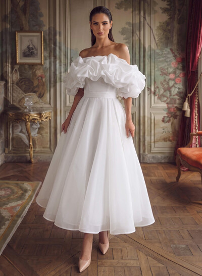 Elegant Ruffle Off-The-Shoulder Sleeveless A-Line Ankle-Length Tulle Wedding Dresses
