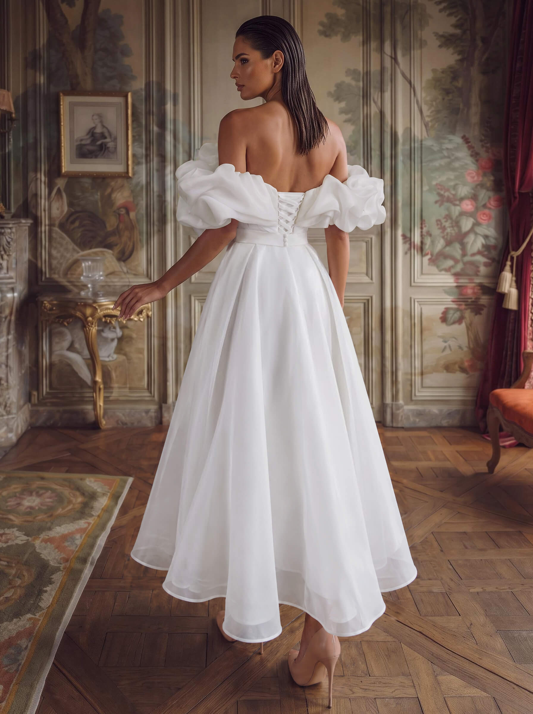 Elegant Ruffle Off-The-Shoulder Sleeveless A-Line Ankle-Length Tulle Wedding Dresses