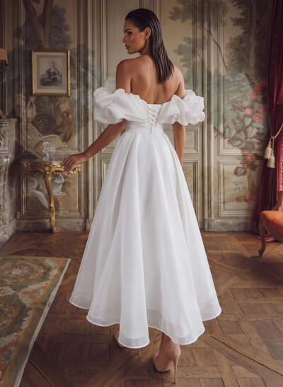 Elegant Ruffle Off-The-Shoulder Sleeveless A-Line Ankle-Length Tulle Wedding Dresses
