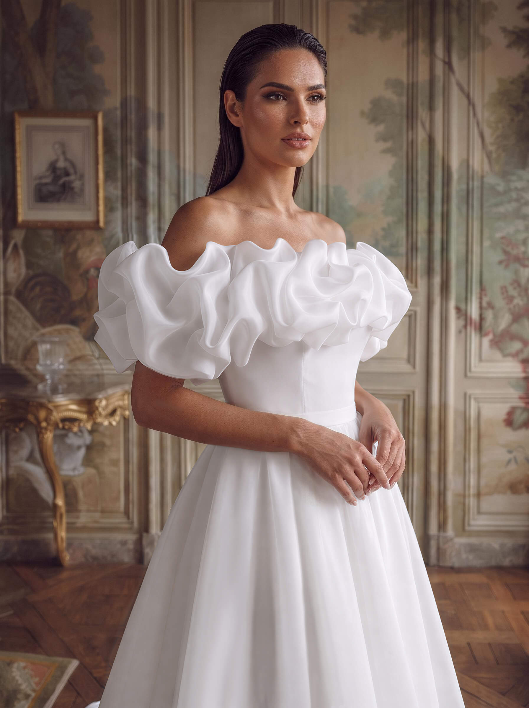 Elegant Ruffle Off-The-Shoulder Sleeveless A-Line Ankle-Length Tulle Wedding Dresses