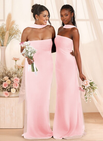 Elegant Ruched Strapless Sleeveless Floor-Length Chiffon Bridesmaid Dresses With Neck Tie