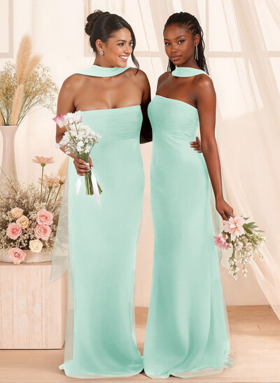 Elegant Ruched Strapless Sleeveless Floor-Length Chiffon Bridesmaid Dresses With Neck Tie