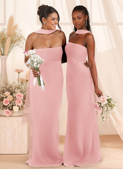 Elegant Ruched Strapless Sleeveless Floor-Length Chiffon Bridesmaid Dresses With Neck Tie