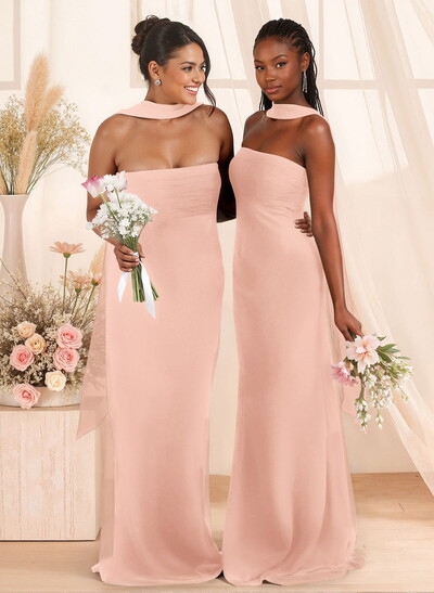 Elegant Ruched Strapless Sleeveless Floor-Length Chiffon Bridesmaid Dresses With Neck Tie