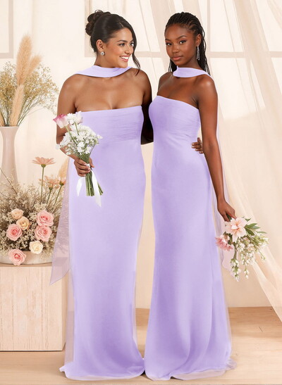 Elegant Ruched Strapless Sleeveless Floor-Length Chiffon Bridesmaid Dresses With Neck Tie