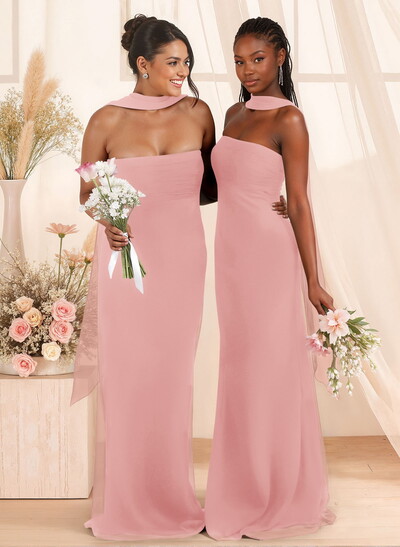 Elegant Ruched Strapless Sleeveless Floor-Length Chiffon Bridesmaid Dresses With Neck Tie