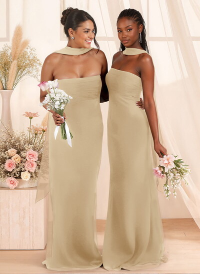Elegant Ruched Strapless Sleeveless Floor-Length Chiffon Bridesmaid Dresses With Neck Tie