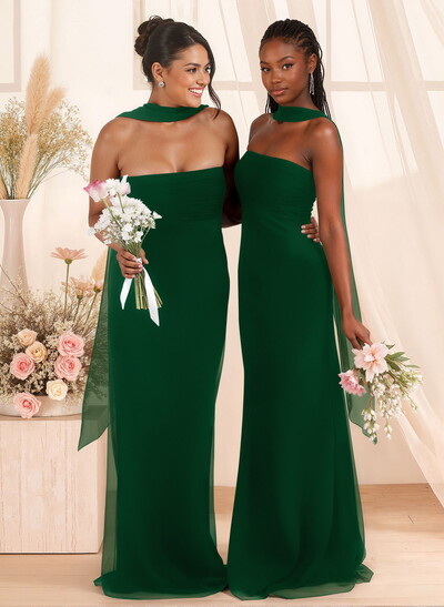 Elegant Ruched Strapless Sleeveless Floor-Length Chiffon Bridesmaid Dresses With Neck Tie