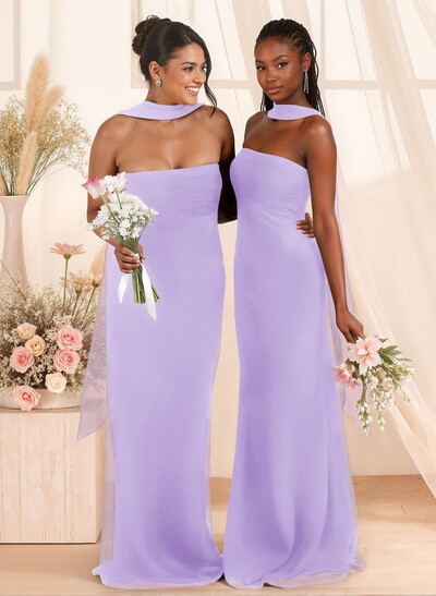 Elegant Ruched Strapless Sleeveless Floor-Length Chiffon Bridesmaid Dresses With Neck Tie
