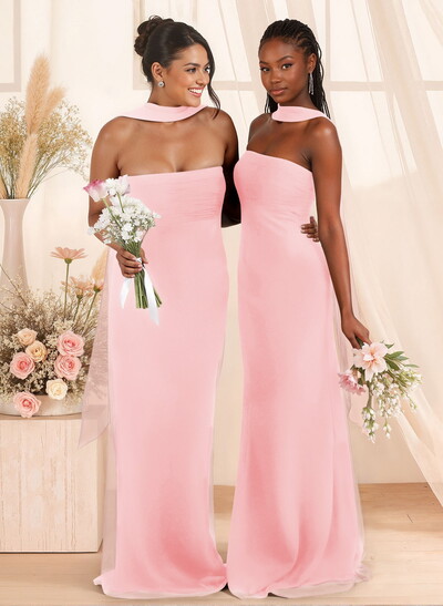 Elegant Ruched Strapless Sleeveless Floor-Length Chiffon Bridesmaid Dresses With Neck Tie