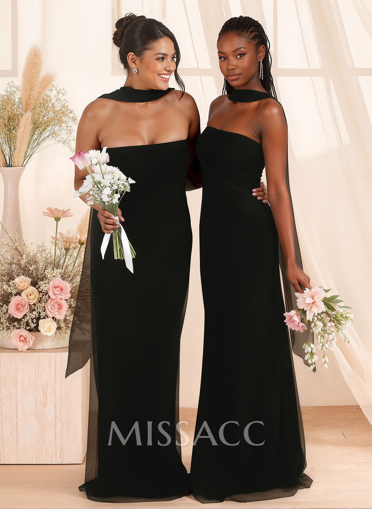 Elegant Ruched Strapless Sleeveless Floor-Length Chiffon Bridesmaid Dresses With Neck Tie Elegant Ruched Strapless Sleeveless Floor-Length Chiffon Bridesmaid Dresses With Neck Tie