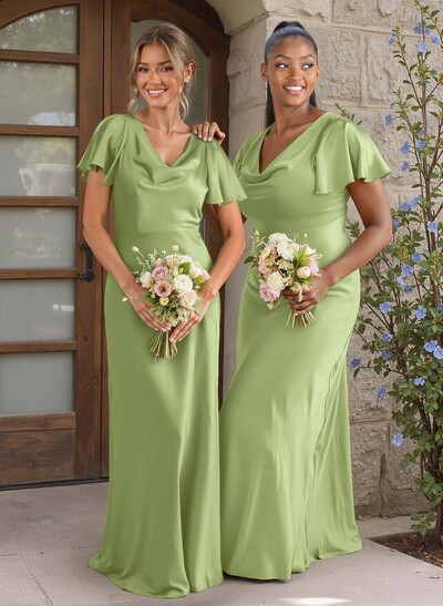 Elegant Cowl Neck Short Sleeves Floor-Length Stretch Satin Bridesmaid Dresses