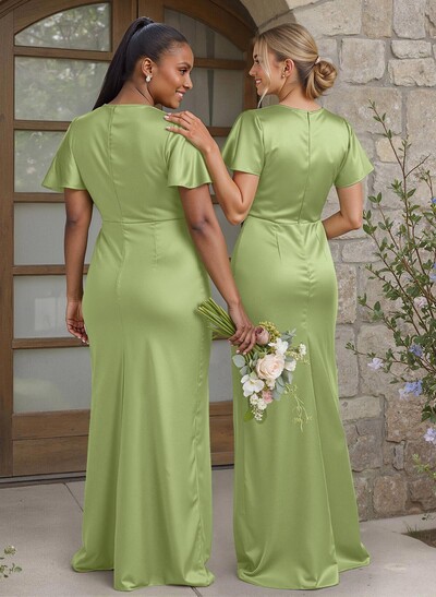 Elegant Cowl Neck Short Sleeves Floor-Length Stretch Satin Bridesmaid Dresses
