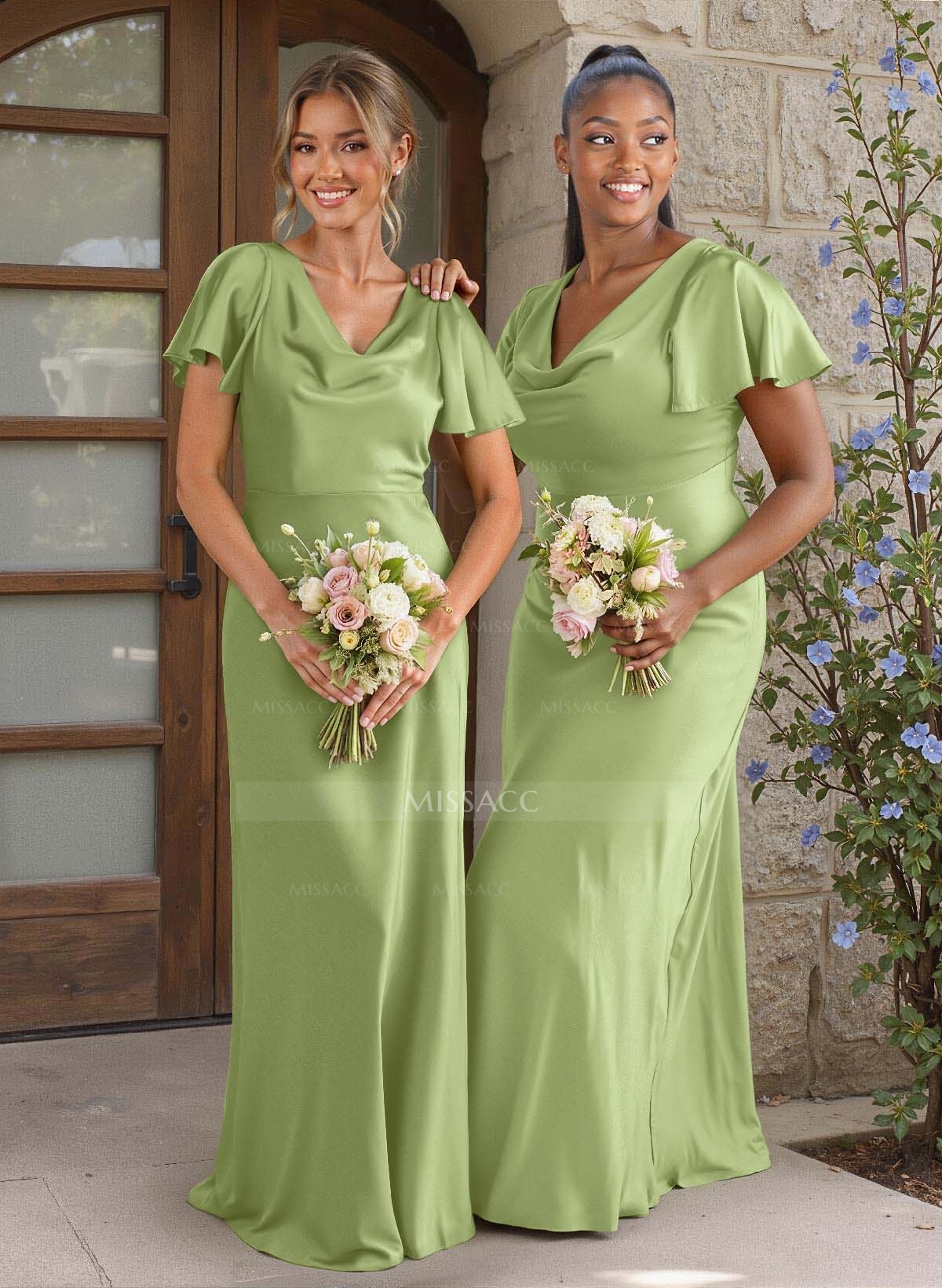 Elegant Cowl Neck Short Sleeves Floor-Length Stretch Satin Bridesmaid Dresses