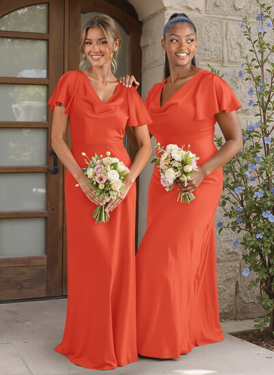 Elegant Cowl Neck Short Sleeves Floor-Length Stretch Satin Bridesmaid Dresses