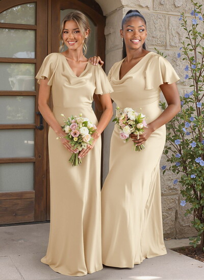 Elegant Cowl Neck Short Sleeves Floor-Length Stretch Satin Bridesmaid Dresses