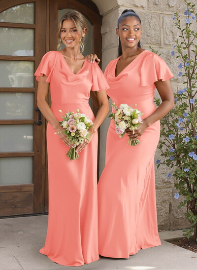 Elegant Cowl Neck Short Sleeves Floor-Length Stretch Satin Bridesmaid Dresses