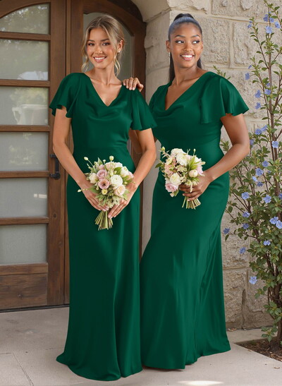 Elegant Cowl Neck Short Sleeves Floor-Length Stretch Satin Bridesmaid Dresses