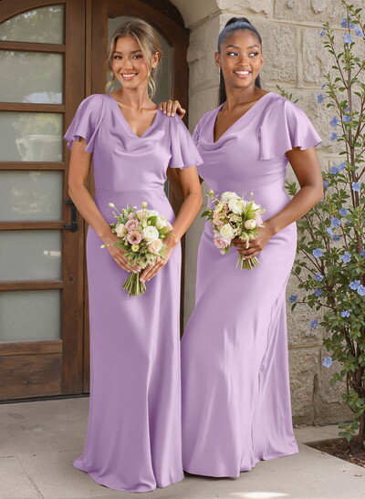Elegant Cowl Neck Short Sleeves Floor-Length Stretch Satin Bridesmaid Dresses