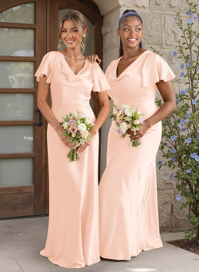 Elegant Cowl Neck Short Sleeves Floor-Length Stretch Satin Bridesmaid Dresses