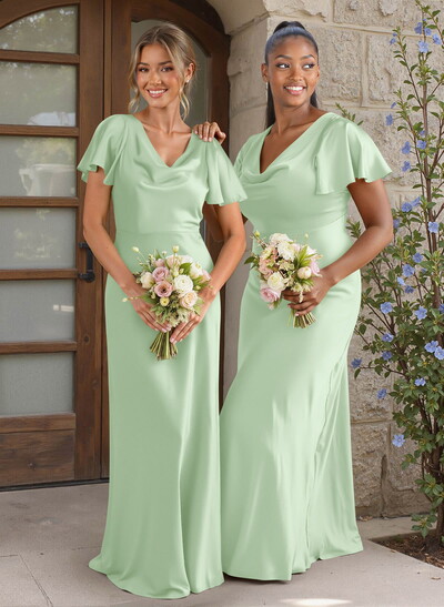 Elegant Cowl Neck Short Sleeves Floor-Length Stretch Satin Bridesmaid Dresses