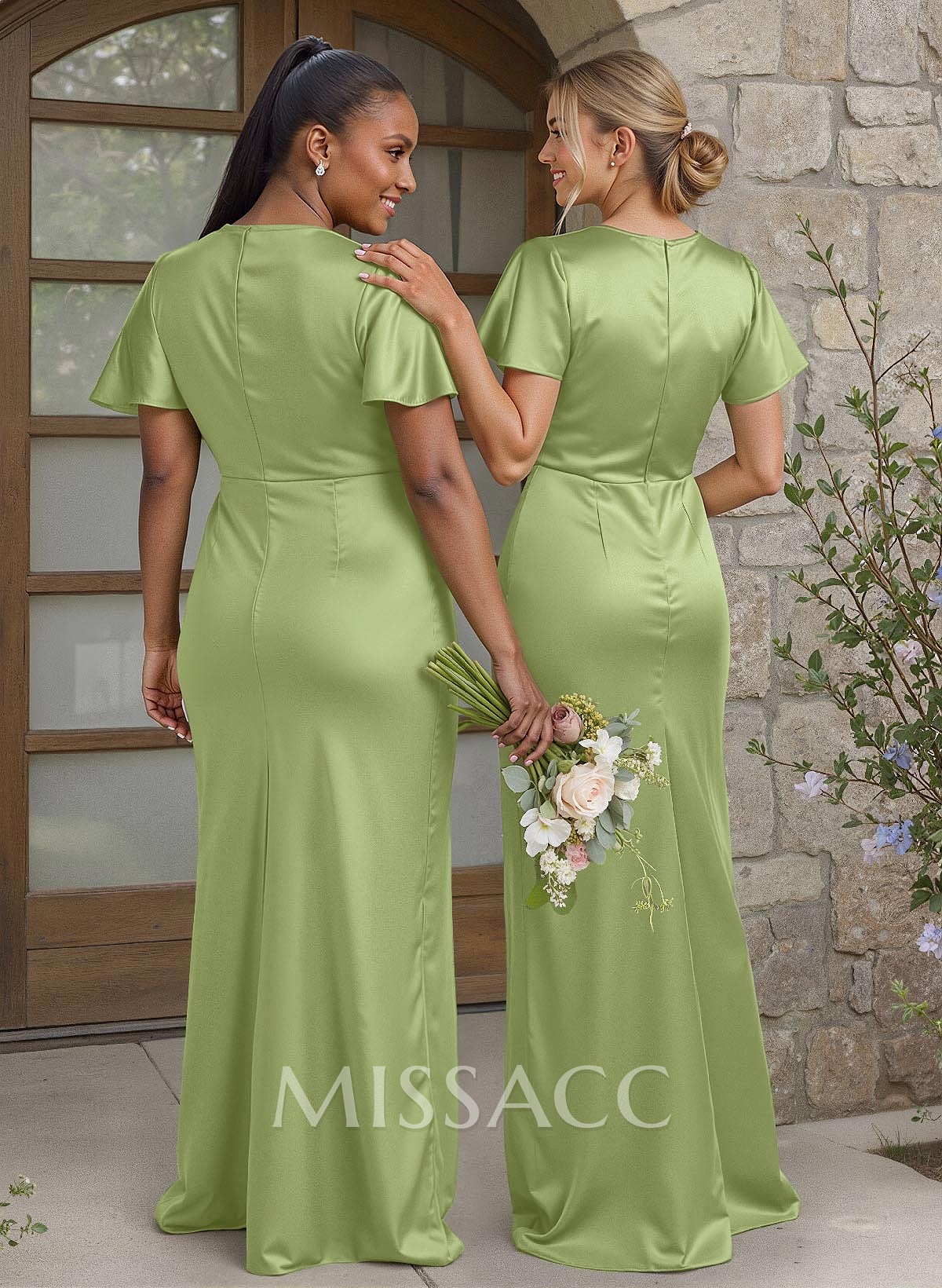 Elegant Cowl Neck Short Sleeves Floor-Length Stretch Satin Bridesmaid Dresses Elegant Cowl Neck Short Sleeves Floor-Length Stretch Satin Bridesmaid Dresses