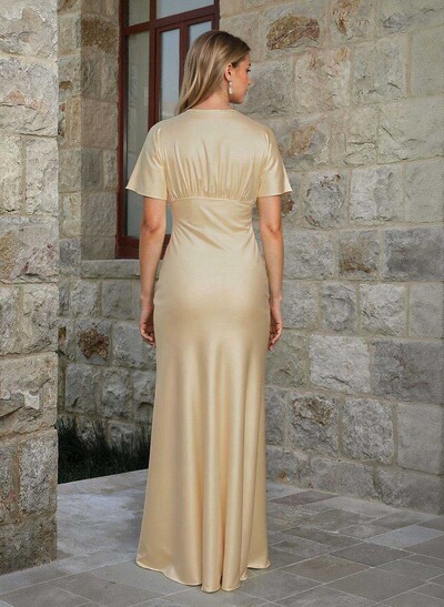 Elegant V-Neck Short Sleeves Floor-Length Stretch Satin Bridesmaid Dresses