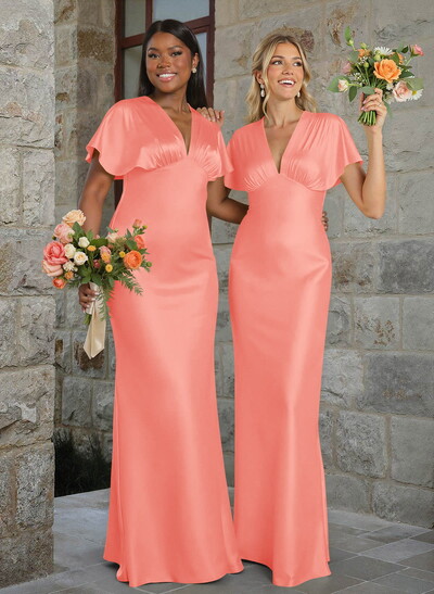 Elegant V-Neck Short Sleeves Floor-Length Stretch Satin Bridesmaid Dresses
