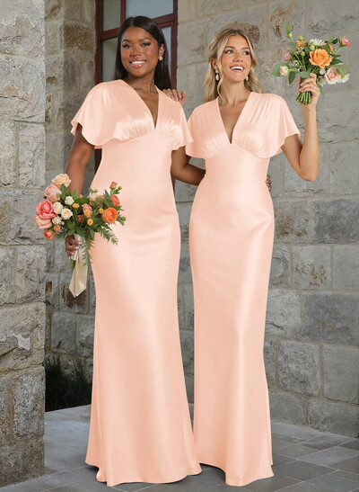Elegant V-Neck Short Sleeves Floor-Length Stretch Satin Bridesmaid Dresses
