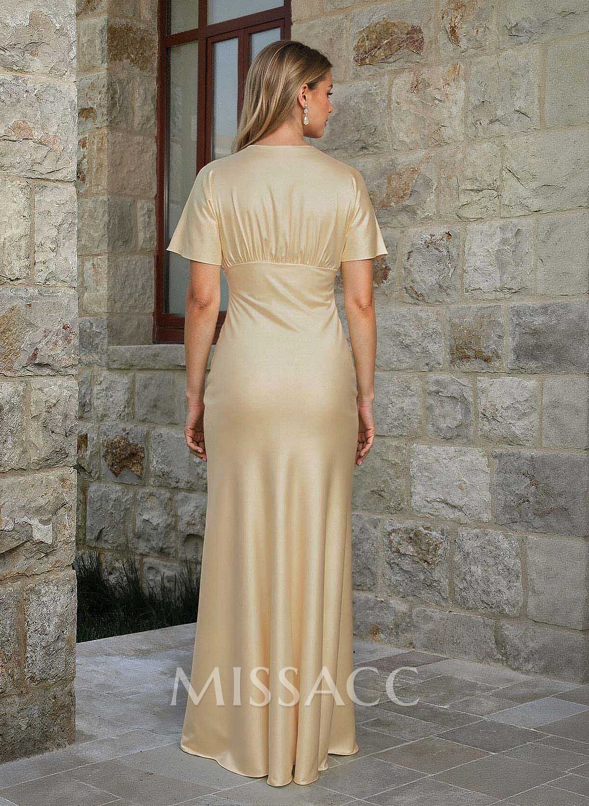 Elegant V-Neck Short Sleeves Floor-Length Stretch Satin Bridesmaid Dresses