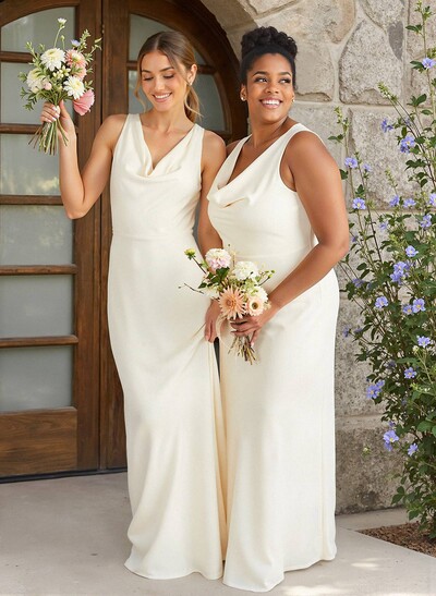 Simple Cowl Neck Regular Straps Sleeveless Floor-Length Elastic Satin Bridesmaid Dresses