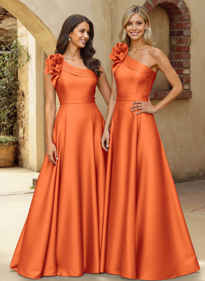 A-Line One-Shoulder Sleeveless Floor-Length Satin Bridesmaid Dresses With Flower(s)